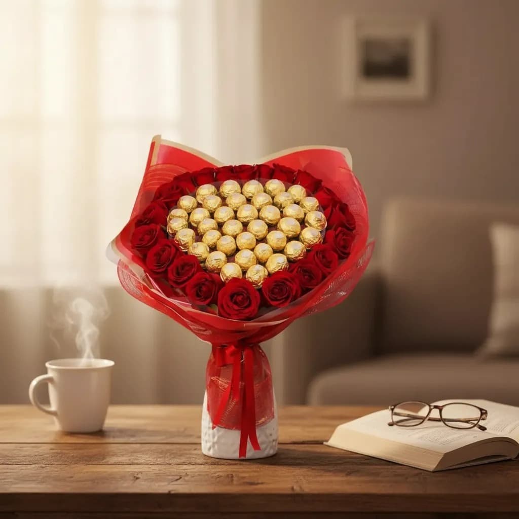Buquê romântico de rosas vermelhas com Ferrero Rocher — Buquês de Felicidade