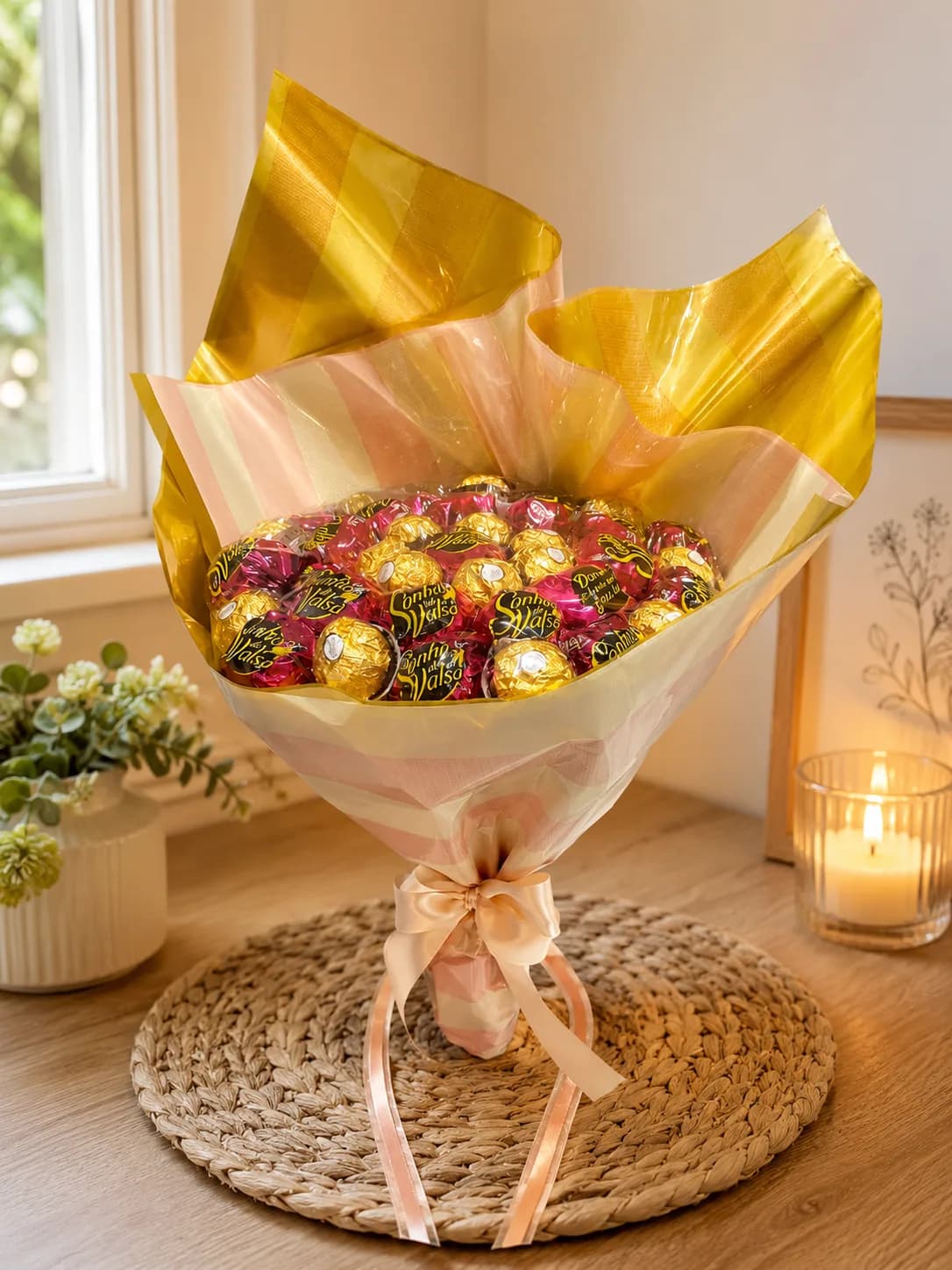 Buquê romântico de rosas vermelhas com Ferrero Rocher — Buquês de Felicidade
